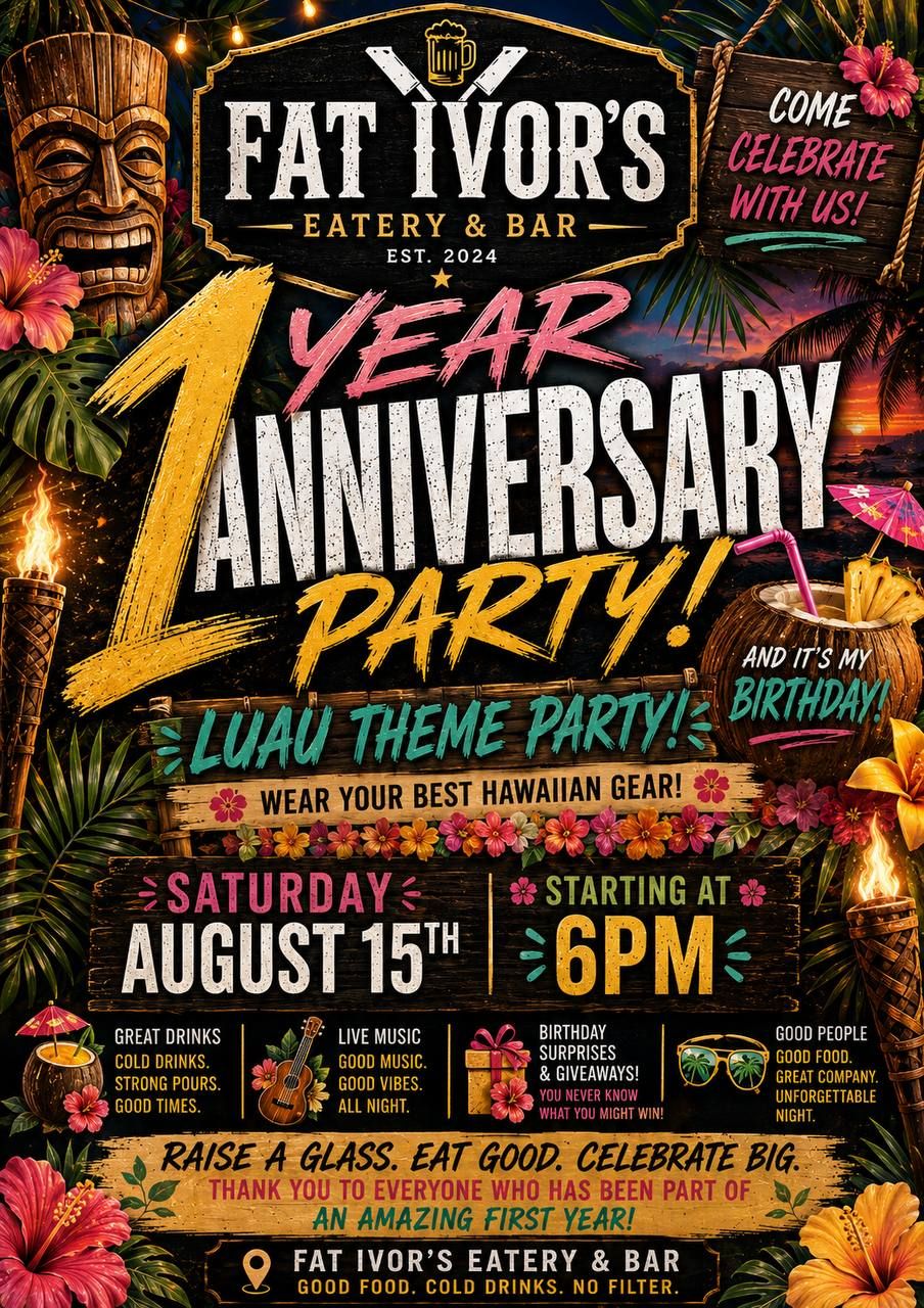 Fat Ivor's first anniversary luau party flyer